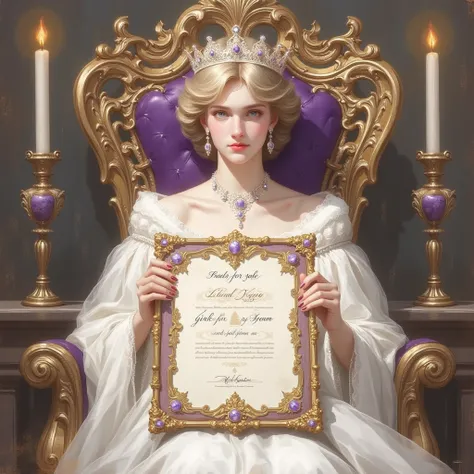 Princess Diana wearing a wedding dress sitting in ornate throne in a torch lit chapel, presenting a large fancy royal certificate with beautiful calligraphy and purple and gold inlay. (Painted on a sign above the throne are the words "Girl for Sale")