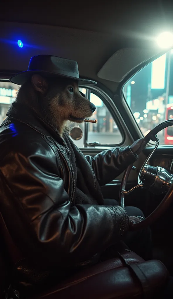 ((Photorealizim, 8k rendering, maximum quality , high detail,))  close-up детектив собака с головой сербернара,  in a hat , leather jacket and scarf ,  rushes behind the wheel of his car (1950s buick )  with a blue police flasher , against the backdrop of ...