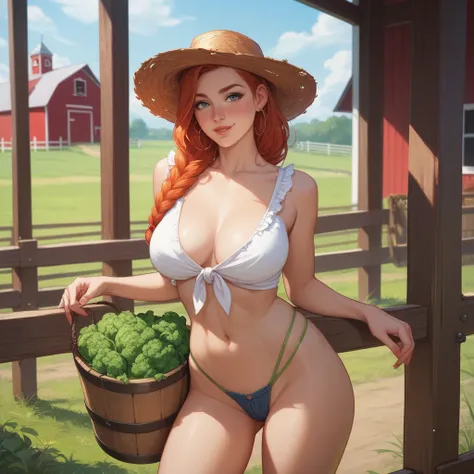 anime Farmer girl,redhead covered in moles and hemp, with big partially naked tits, on a farm wearing a thong
