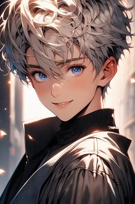 [masterpiece, , naturally handsome] handsome male boy, [[]], platinum blonde short hair, [deep platinum eyes], handsome face, handsome countenance, adventurer outfit, [captivating smile, handsome and cheerful countenance, reflective eyes]