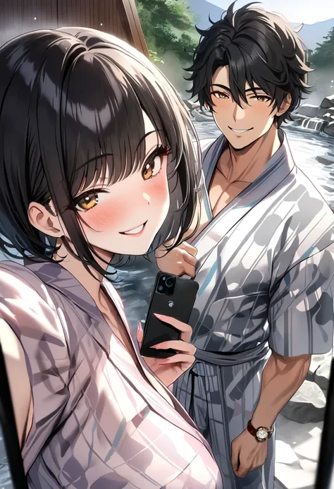 op quality, masterpiece, high definition, 8k, (1 girl 1 boy  ), sexy, (cowboy shot), (((Cell phone selfies))), (((Smiling couple))), Beautiful breasts,  beautiful feet, (Hakone Hot Springs), milf, ((( black hair short hair))), (((Hot springs and which yuka...