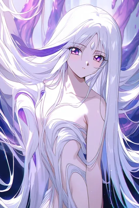 Albino, white skin, absurdly long hair, slender, violet eyes, 90s anime, ethereal beauty, naked, hair cascates through her body, white hair, closeup, solo female