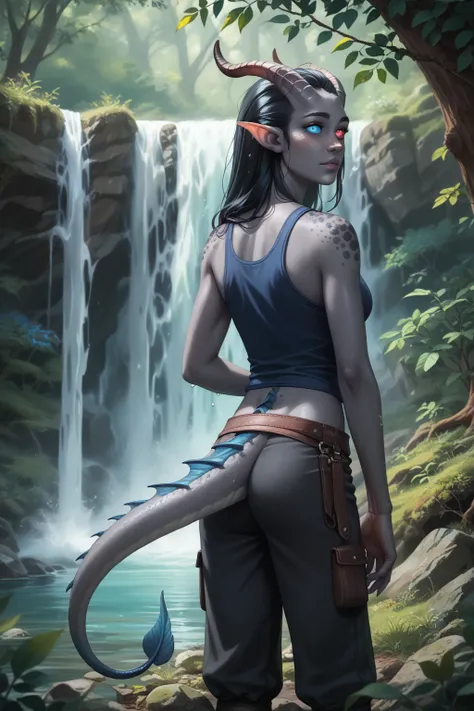 (Cedar tree is tall next to it), (1 adult Tiefling girl,  dark blue-gray skin :1.7), (35 years old:1.5), (One:1.3), (a curl of medium-length black straight hair covers the right eye:1.4), (bathing in a waterfall:1.4), (looks through the green foliage in cl...