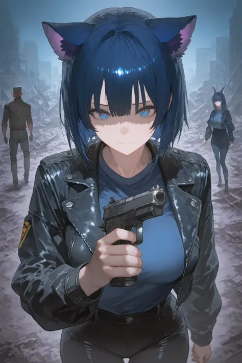 (Cubi: (short dark blue hair, blue kitten ears, pink interior kitten ears, woman, 1woman, one woman), (small breast)), (dark leather jacket, blue shirt, black pants, black military boots), hold a handgun,, BREAK, , ((destroyed city outdoor, dark ambience))...