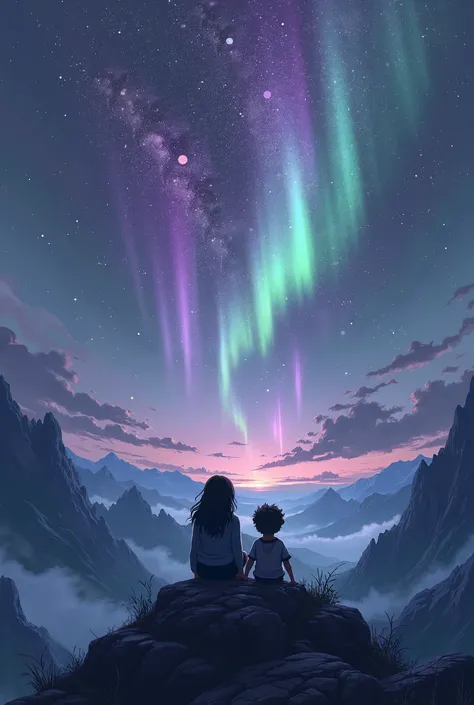 A shadow of a girl and a boy sittings on a mountain looking at the purple sky full of stars and galaxies, in a purple and green aurora.
