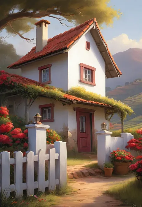 oil painting of a sunrise in the interior of Minas Gerais, a small white wooden house, red roof with chimney, beautiful little windows, flower boxes with colorful flowers in the windows, rocking chair on the porch, animals on the farm, in the foreground an...