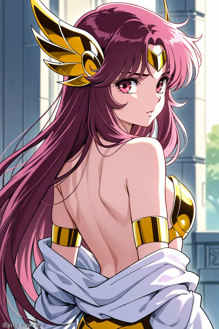 Saint Seiya girl, without the top part of the armor, naked, full body, backwards looking to the side