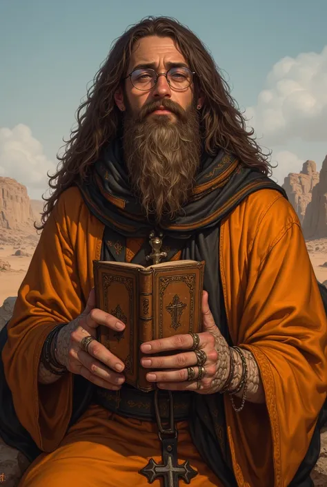 a man with long brown curly hair, concept art of a monk, d&d dark sun character art, image of a male cleric, bandaged hands, reading glasses, orange and black dress, male, rpg concept art character, feng zhu concept art, d&d Bedouin portrait, rpg character...