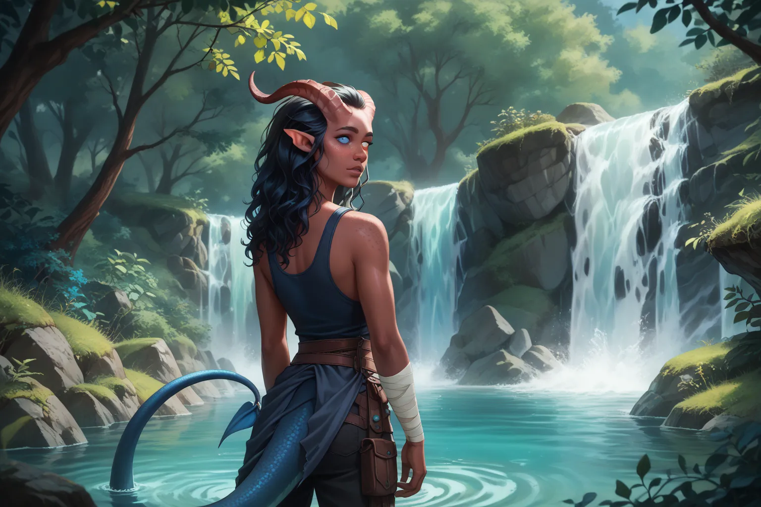 (Cedar tree is tall next to it), (1 adult Tiefling girl,  dark blue-gray skin :1.7), (35 years old:1.5), (One:1.3), (a curl of medium-length black straight hair covers the right eye:1.4), (bathing in a waterfall:1.4), (looks through the green foliage in cl...