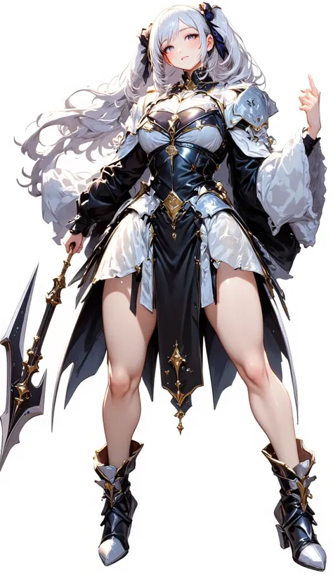 (Masterpiece:1.5,Top Quality:1.3,Amazing Quality:1.3), (Anime Character), ((nsfw)), Solo, Full Length, Chiara, 1 Girl, ((Sexy cute woman:1.5)), White Skin, Silver Gauntlets, Silver Boots, Western Armor, Shining Clothes, gleaming decorations, ((with big axe...