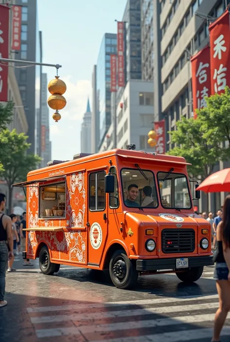 a simple picture of a food truck with eggrolls and the words "asianbento" on it