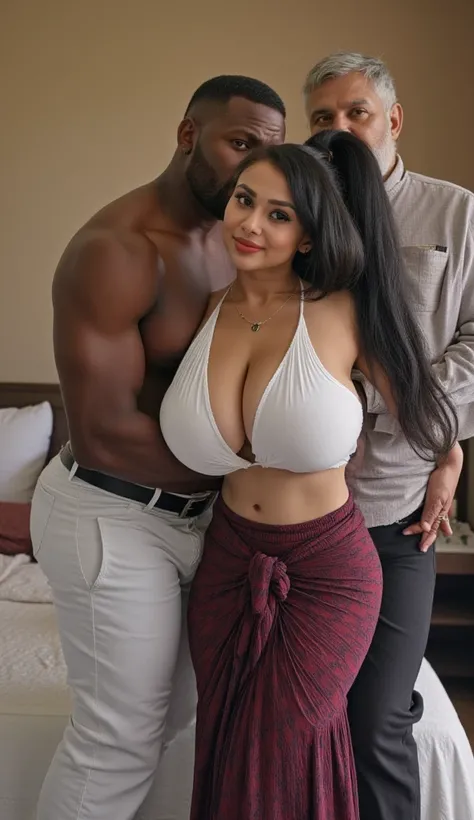 Indian couple in bedroom a matured black skin bodybuilder old mature man and a sexy white skin woman, tall woman with fat thick curvy mom body physique, woman with a small black dot bindhi and red sindoor, woman with black ponytail hair, woman wearing mini...