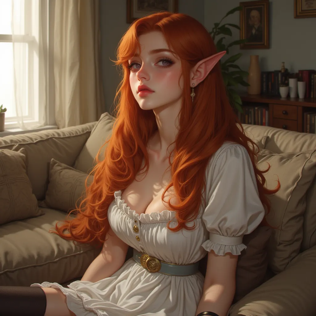 Adult girl with red-haired hair and light violet eyes, Long wavy hair, dressed in a delicate white dress with ruffles and a slight neckline, sitting on a sofa in a well-lit house during the day..He has pointy elf ears climbing up a little from under his ha...