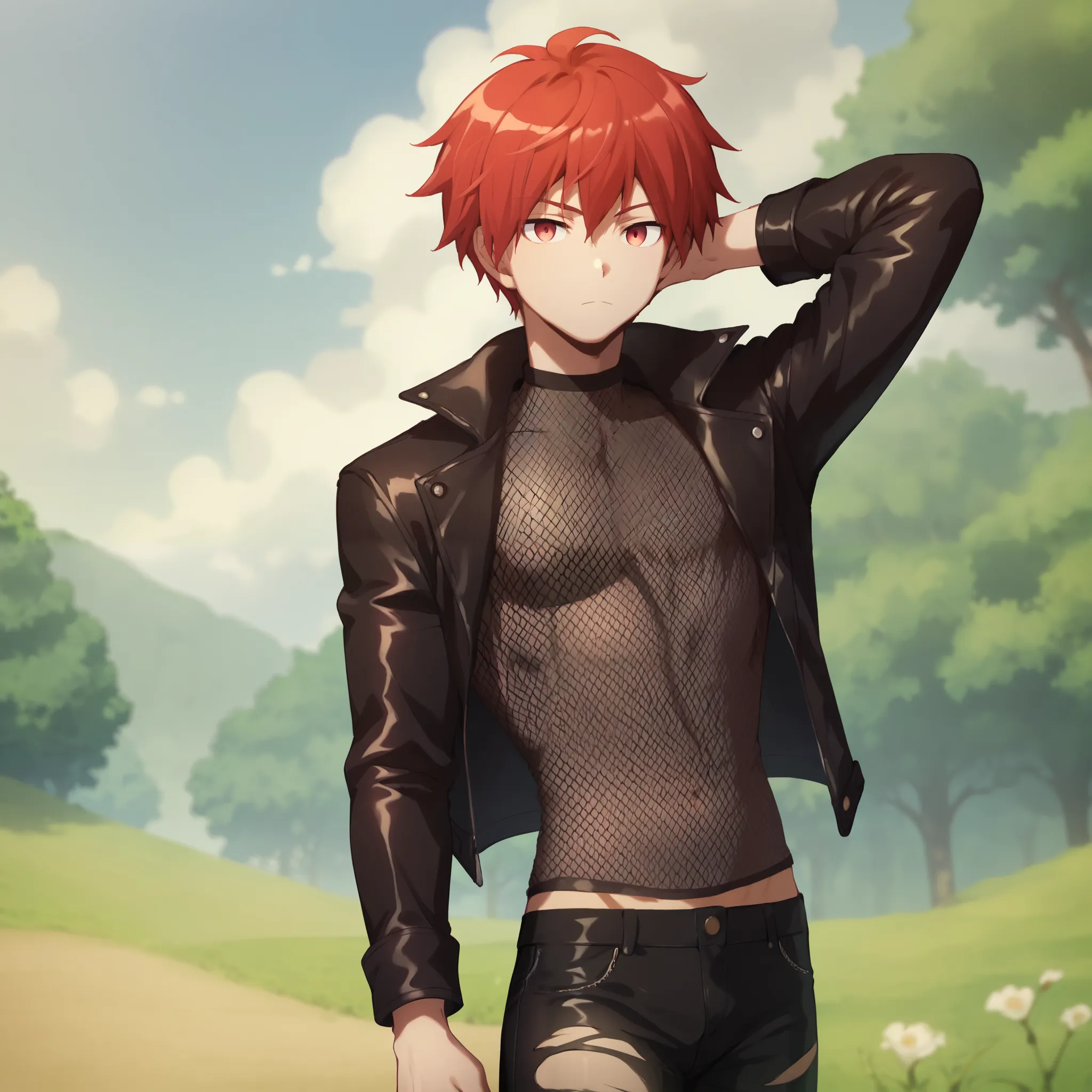 Score_9, score_8_up, score_7_up, Karma Akabane, male, red hair, red eyes, solo:1.4, wearing leather jacket, black fishnet shirt, black torn pants, hand behind head, outdoors, grinning, grinning, standing