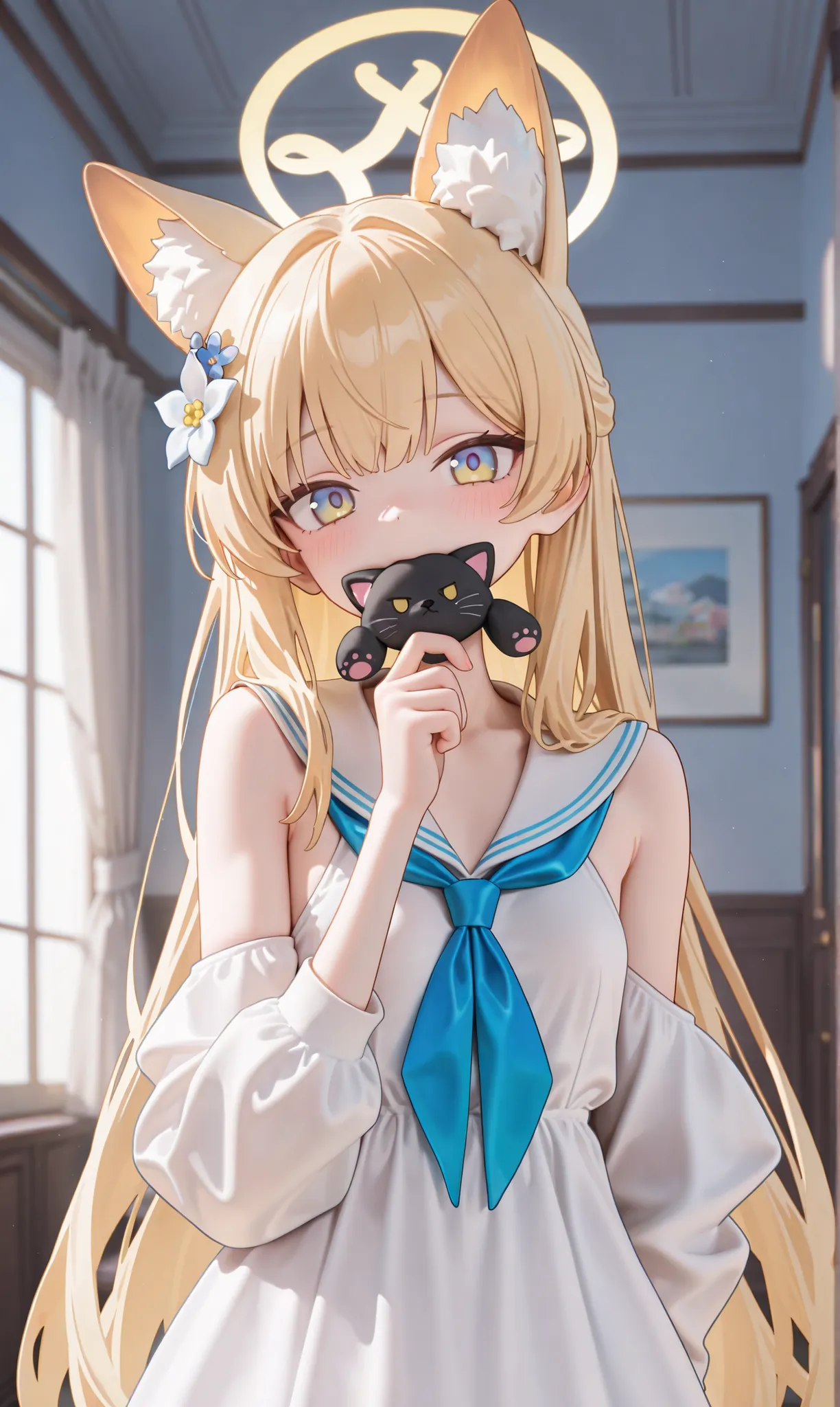 1 , (blue archive:1.1), 
Until, 
animal ears,  alone,  blonde hair , halo,  long hair, looking at the viewer,  fox ears, animal ear plush,  dress, gravata, white  dress,  detailed,  mouth shut, hair ornament, yellow halo, upper body, hair flower,  Yellow E...