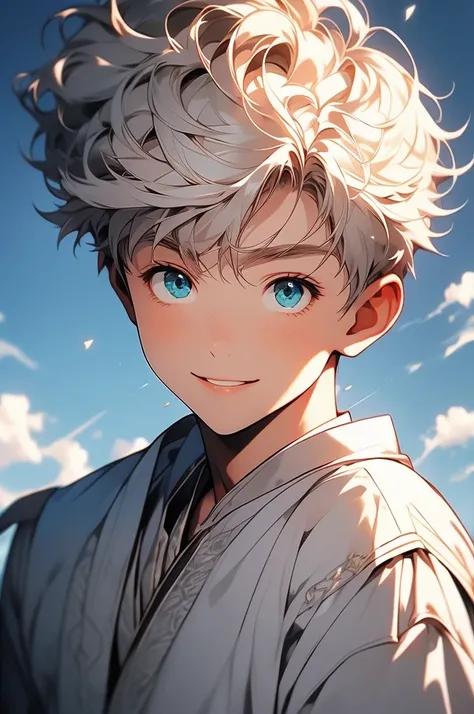 [masterpiece, ,  naturally handsome] handsome male  boy, [[]], platinum blonde short hair, deep emerald eyes, handsome face, handsome countenance, blue adventurer outfit, [captivating smile, handsome and cheerful countenance, reflective eyes], farm backgro...