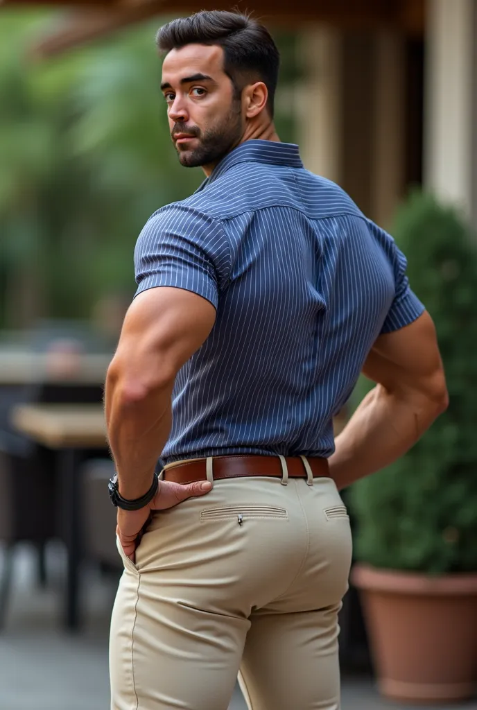 Fotografía realista, 35-year-old muscular (((atletic man))) , , View from below, nalgon de perfil, stripe blue formal shirt and very tight light beige trousers, brown belt, de perfil, Big butt, viendo a cámara, ojos negros, en el patio, hombre sexy, muy na...