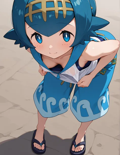 high resolution picture, masterpiece, best quality, amazing quality,  1girl,  lana \(pokemon\), 1girl, 1lana1, short hair, blue hair, blue eyes
2default2, yellow hairband, swimsuit under clothes, blue swimsuit, white shirt, sleeveless shirt, baggy pants, b...