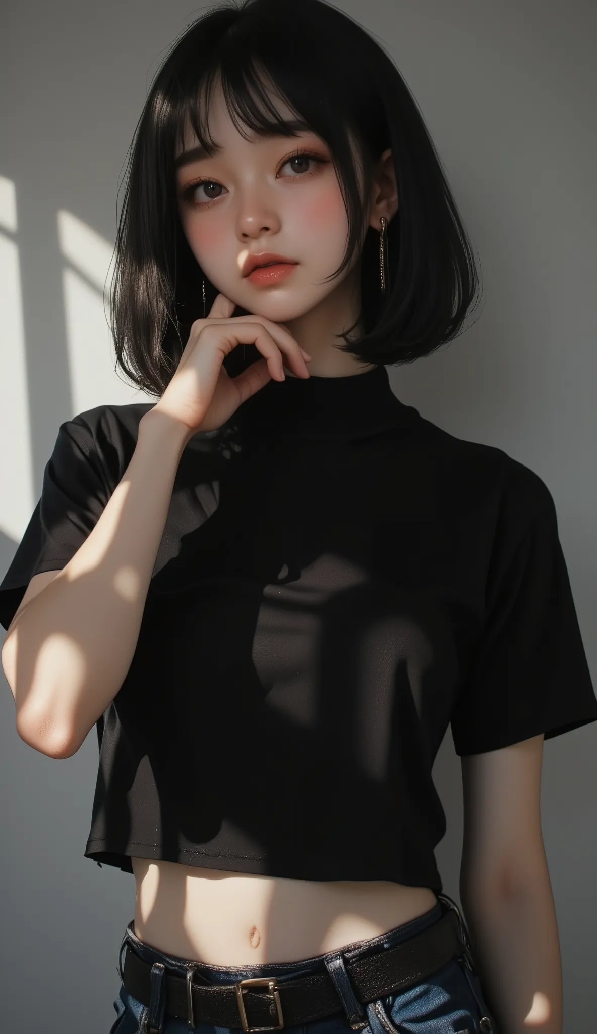 woman wearing a black top and jeans taking pictures, Korean girls,short bob hair、full bangs、Picture of a skinny woman model, beautiful south  Korean woman  ,  tight shirt , wearing  tight shirt ,  Korean woman  , Jung Hwa-jae ,  Nam Jae-yeon,  Korean woman...