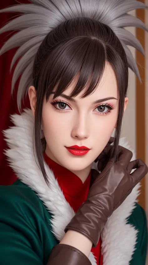 guren,1girl,solo,looking_at_viewer, lipstick, makeup, sidelocks, red lips,grey hair,spiked_hair, ponytail, fur_trim, gloves,brown_gloves, long hair
