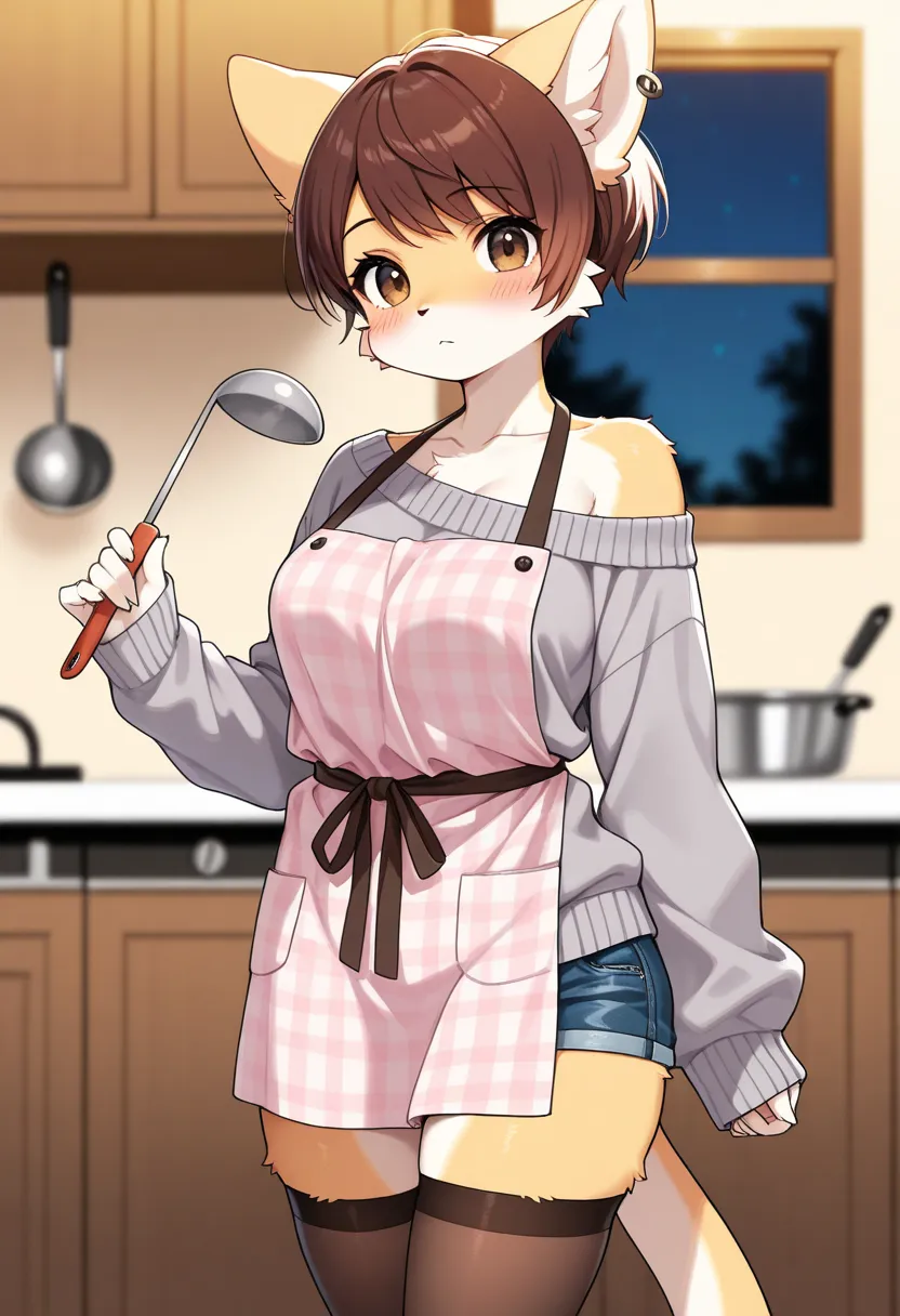 1girl, (furry, kemono:1.4), cat girl, animal nose, cat tail, pixie cut hair, solo, thighhighs, apron, brown hair, shorts, ladle, jewelry, looking at viewer, earrings, brown eyes, sweater, long sleeves, indoors, blush, off shoulder, short shorts, collarbone...