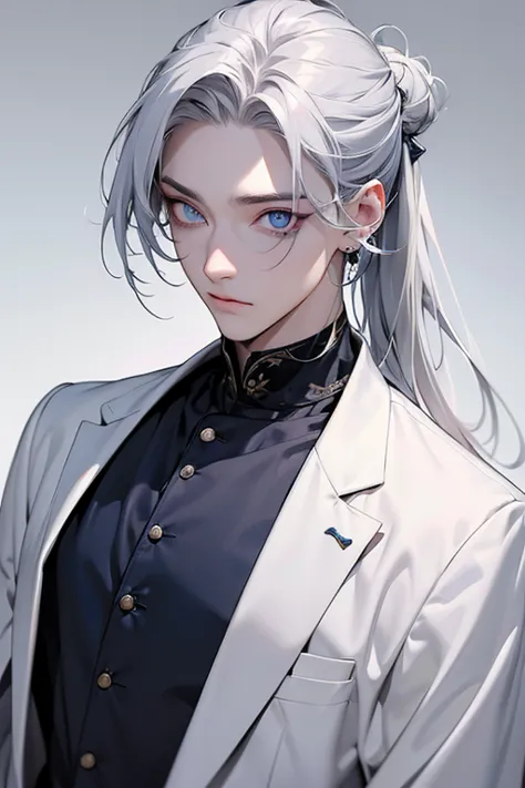 ((male))..(( cool )).8k.hairstyle with all hair stroked back、((odd-eye:1.35)).Strange Eyes、[Strange Eyes、All silver hair behind 、male、 long hair up to the shoulders 、[Strange Eyes、((maleの左目赤色、male右目青)).Clear Eyes、Navy blue gold suit