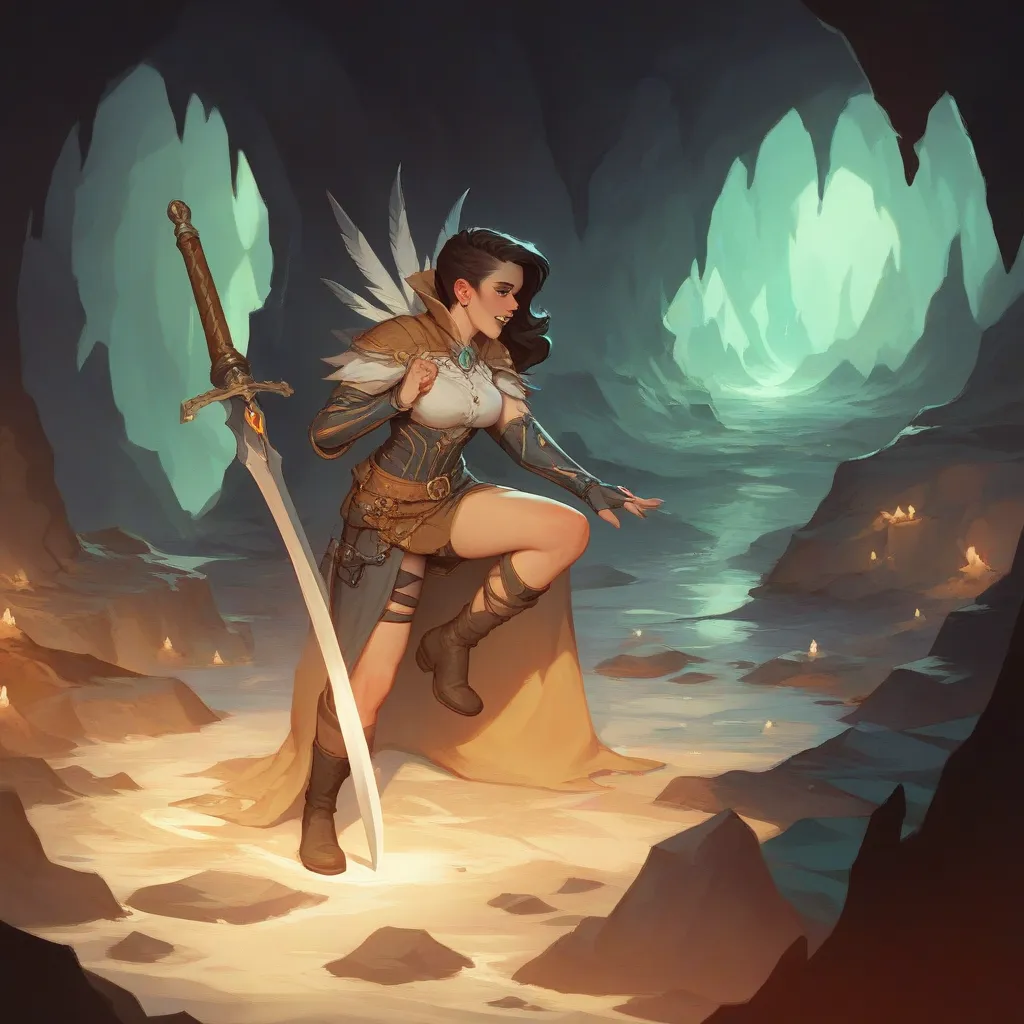 In the middle of a dark cave, a young black woman with a sword full of shiny runes, a slender and sensual body with little clothing, conjures spells and creates a perfect harmony of energy inside the cave, a look so far away and daring at will in her solit...