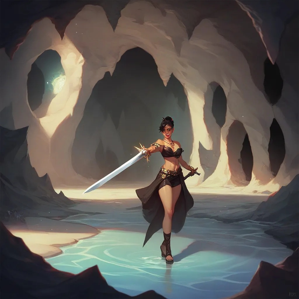 In the middle of a dark cave, a young black woman with a sword full of shiny runes, a slender and sensual body with little clothing, conjures spells and creates a perfect harmony of energy inside the cave, a look so far away and daring at will in her solit...