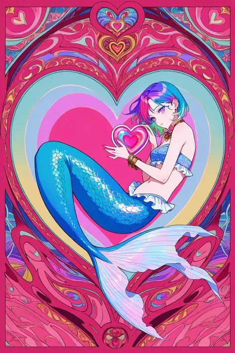 cool beauty, gradation color hair, slender body, sit inside Heart-shaped object , Indian exotic fashion, neon motif room, 1 Heart-shaped object, mermaid,