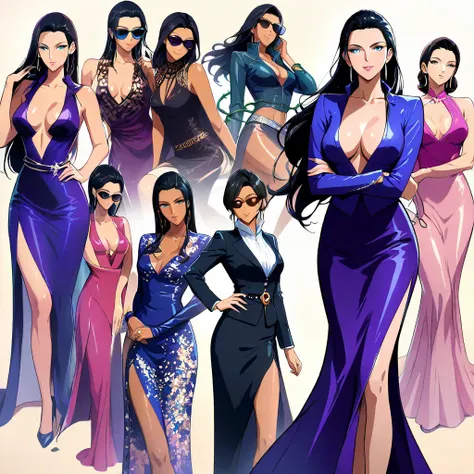 Create a highly detailed digital painting of Nico Robin, a tall and elegant woman with long, sleek black hair and deep, mysterious eyes. She has a calm and confident expression, with a slight, knowing smile. She is wearing a stylish, form-fitting purple to...