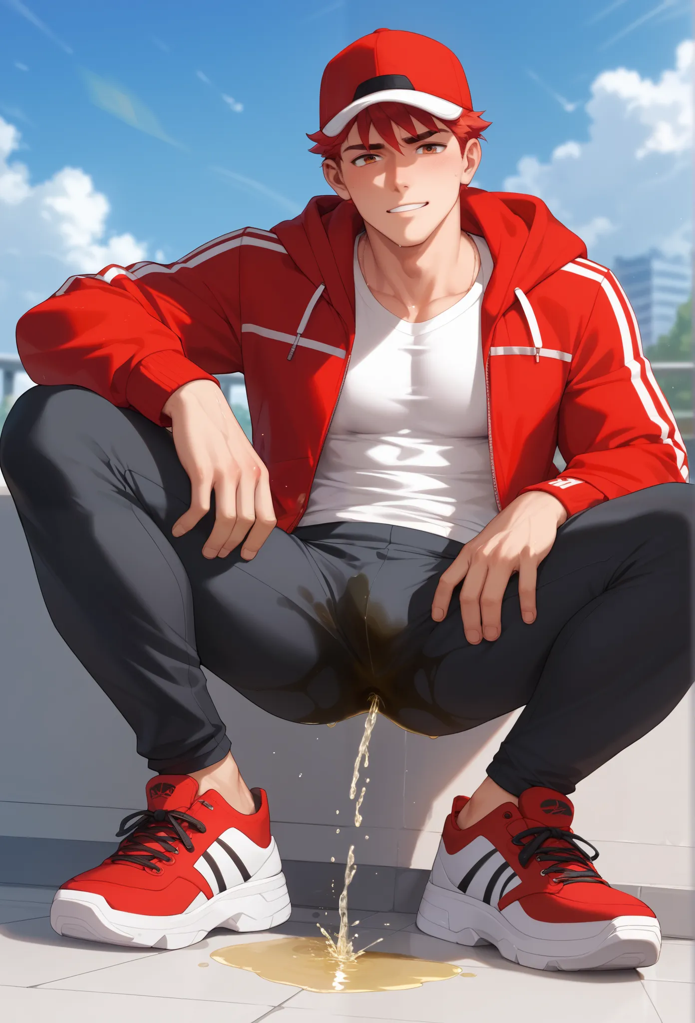 LiaqN.Red haired man.Handsome.Wearing a red hoodie cap black skinny pants Hi Top Sneakers.He couldn't hold his pee.There is a large pee wet spot on his crotch.Pee stain on his pants.Pee wet spot on his crotch.He is ashamed of peeing himself