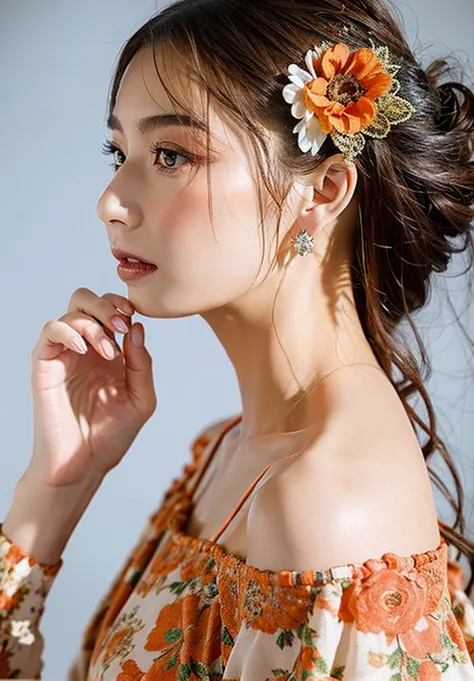 8k,    masterpiece, Made from top quality straw, elegant, woman,       black lace dress      , floral hair accessory, Soft Makeup,  Kind Face,    floral background   , pink and orange flower,  STUDIO LIGHTING , HD, Fashion Photos, Portrait of a beautiful w...