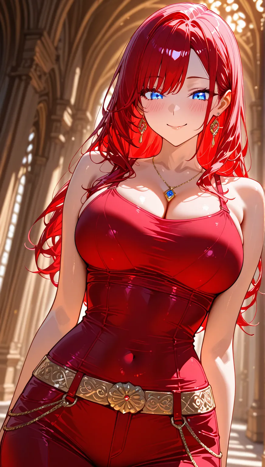 "1 girl, alone, bottom view, Dutch angle, bare shoulders, blue shiny eyes, blush, massive cleavage, earrings, standing in a grand castle hall, jewelry, long wild hair, tank top, looking down at the player with a sly smile, big laugh, red hair, depth of fie...