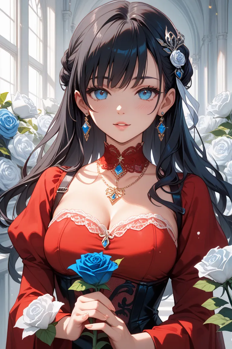 The painting depicts a beautiful woman surrounded by white roses. She had long black hair and wore a tight crimson dress with delicate lace trim. The woman clutched a blue rose to her chest. The background is filled with white roses, which contrast beautif...