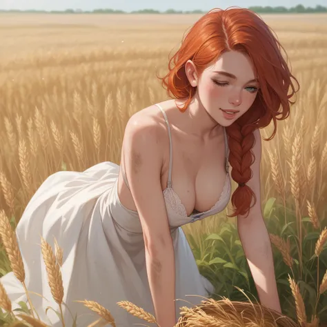 anime Farmer girl,redhead covered in moles and hemp, with huge tits in a micro-bra, , in a wheat field, is on all fours, dress lifted up,slightly dirty 
