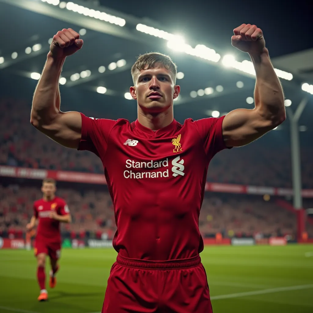 Man with short wavy hair ,  brown eyes , Athletic Physique muscles.  He wears Liverpool 2024 number 7 uniform and modern Nike boots 2024. Celebrating SIU at a stadium at night   