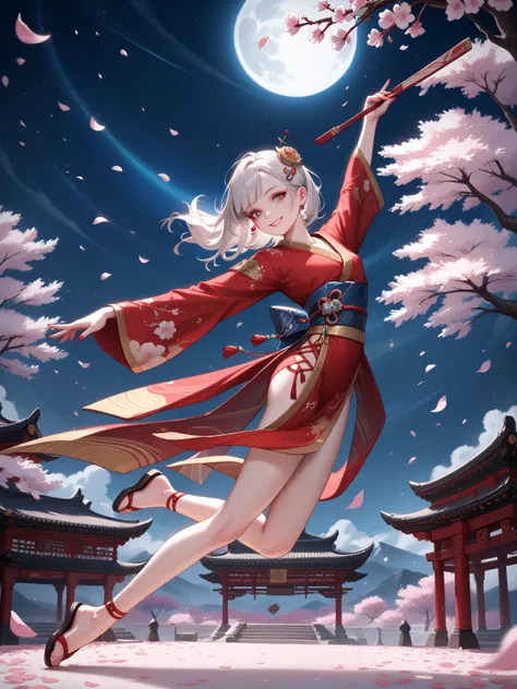 anime style、dynamic pose(Dancing Ballet,)young age beauty,(A deep smile,slender figure,supple and curved proportions that glow in Prism School's rainbow colors）。
(Sumptuous gold thread embroidered cherry blossoms and auspicious patterns、The finest red silk...