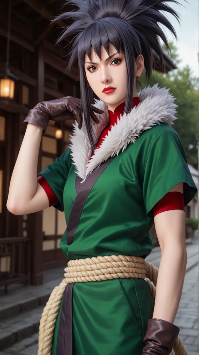 guren,1girl,solo,looking_at_viewer, lipstick, makeup, red lips, dark grey hair,spiked_hair, ponytail, fur_trim, green japanese clothes, short sleeve, gloves,brown_gloves, long hair, rope belt, outdoors
