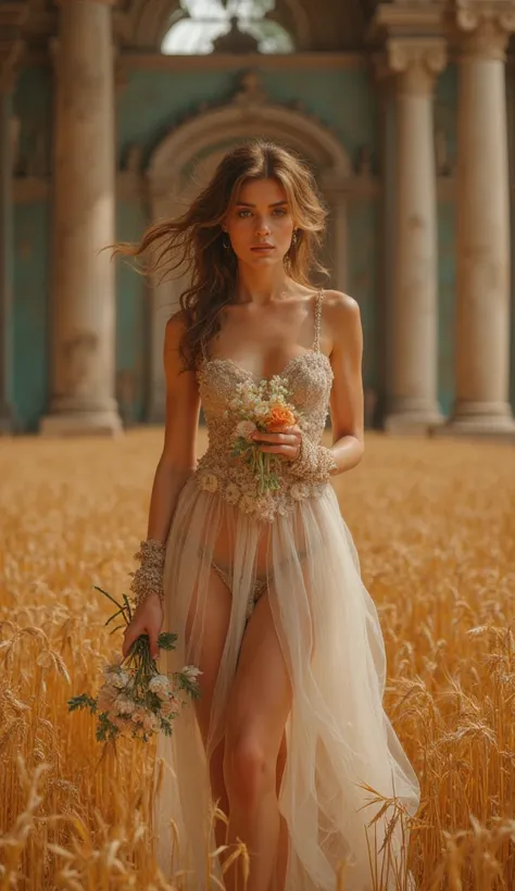 . A realistic picture. A full picture of an adult woman with a beautiful face . She has brown eyes, stands at the palace door and wears a sexy aristocratic dress, holds flowers in her hand, assumes a sensual posture, and her hair is raised.  Her bare feet ...