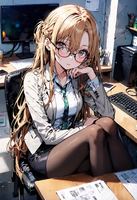 score_9, score_8_up, score_7_up, source_anime, Asuna Yuki , long hair, Hair,brown eyes, bangs,Medium breast,,half updo, suit, pencil skirt, jacket, shirt,black pantyhose,Stiletto Heels,Glasses, sitting on a chair with legs crossed, Interior , comput...