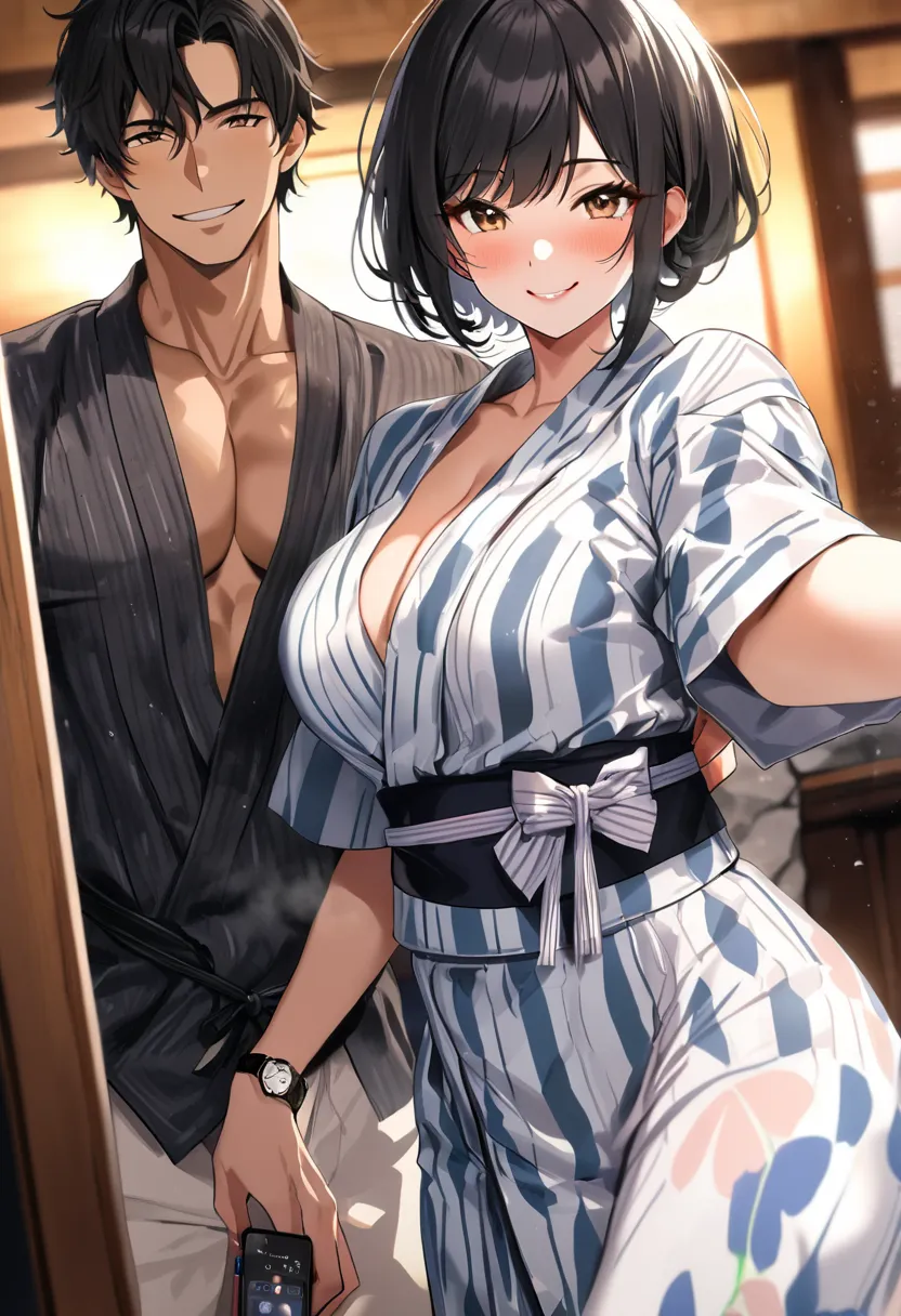 op quality, masterpiece, high definition, 8k, (1 girl 1 boy  ), sexy, (cowboy shot), (((Cell phone selfies))), (((Smiling couple))), Beautiful breasts,  beautiful feet, (Hakone Hot Springs), milf, ((( black hair short hair))), (((Hot springs and which yuka...