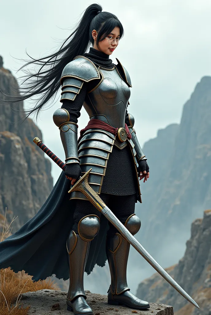 Beautifull japanese female wear ponytail black hair, wear knight armor full body, wear platemail, wear chainmail, hold weapon, standing on rock