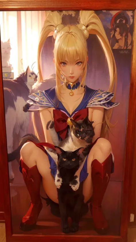 sailor moon suit , painting of a woman with a goat's head and a cat, 3d anime poster, anime poster,  Yoshitaka Amano Karol Bak , , anime artwork, detailed anime artwork, anime art, trending anime artwork,  anime character ;  full body art , Masamune Shirow...