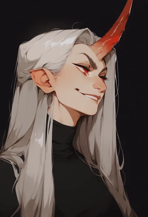 (score_9, score_8_up), score_7_up, zPDXL, eri, long hair, red eyes, grey hair, horns, , single horn, female , upper body, smirk, looking away, black shirt, dark background, sinozick style, flat color