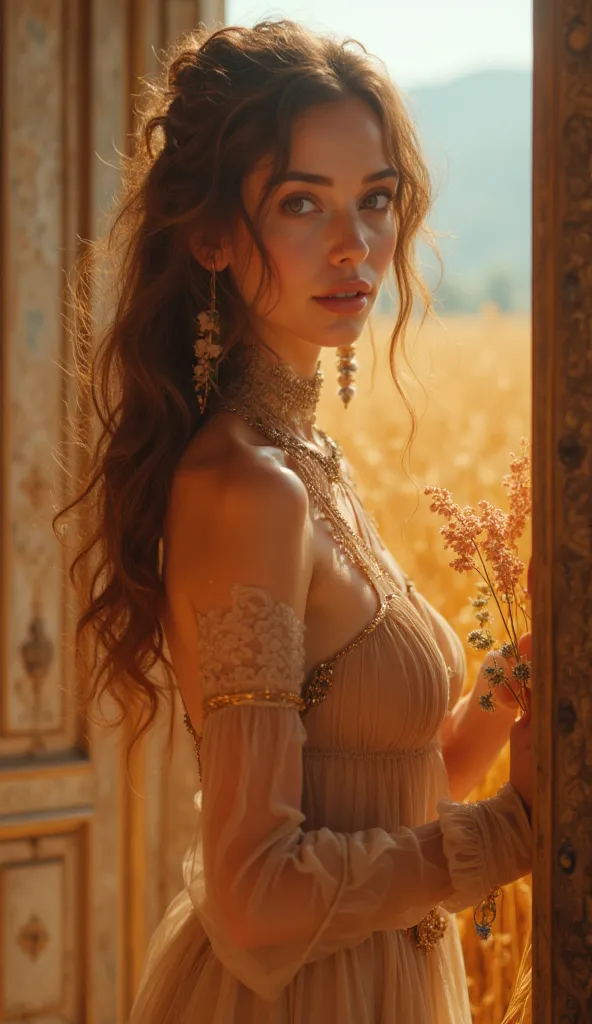 . A realistic picture. A full picture of an adult woman with a beautiful face . She has brown eyes, stands at the palace door and wears a sexy aristocratic dress, holds flowers in her hand, assumes a sensual posture, and her hair is raised.  Her bare feet ...