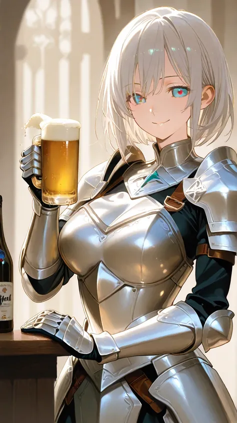 High-resolution couple anime style full body neko girl smile medium breasts Armored  Silver Cloths drinlking a bottle of beer PoV