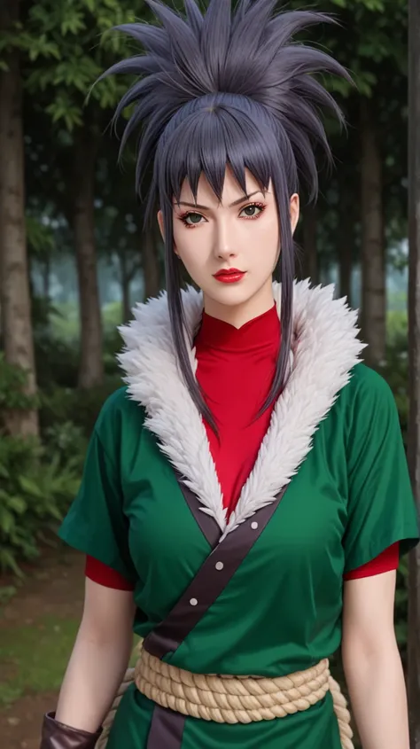 guren,1girl,solo,looking_at_viewer, lipstick, makeup, red lips, dark grey hair,spiked_hair, ponytail, large breast, red undershirt, fur_trim, green japanese clothes, short sleeve, gloves,brown_gloves, long hair, rope belt, outdoors
