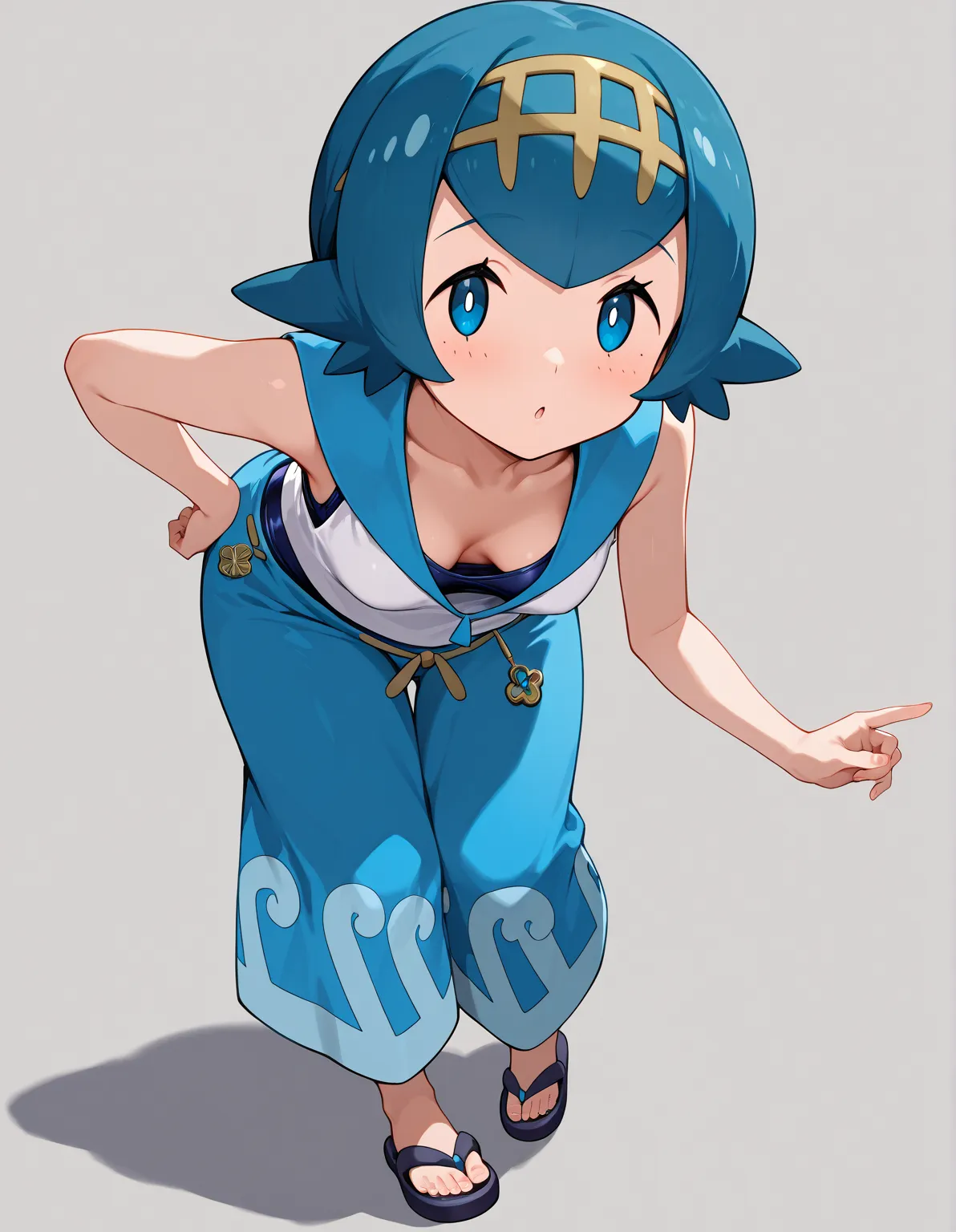 high resolution picture, masterpiece, best quality, amazing quality,  1girl,  lana \(pokemon\), 1girl, 1lana1, short hair, blue hair, blue eyes
2default2, yellow hairband, swimsuit under clothes, blue swimsuit, white shirt, sleeveless shirt, baggy pants, b...