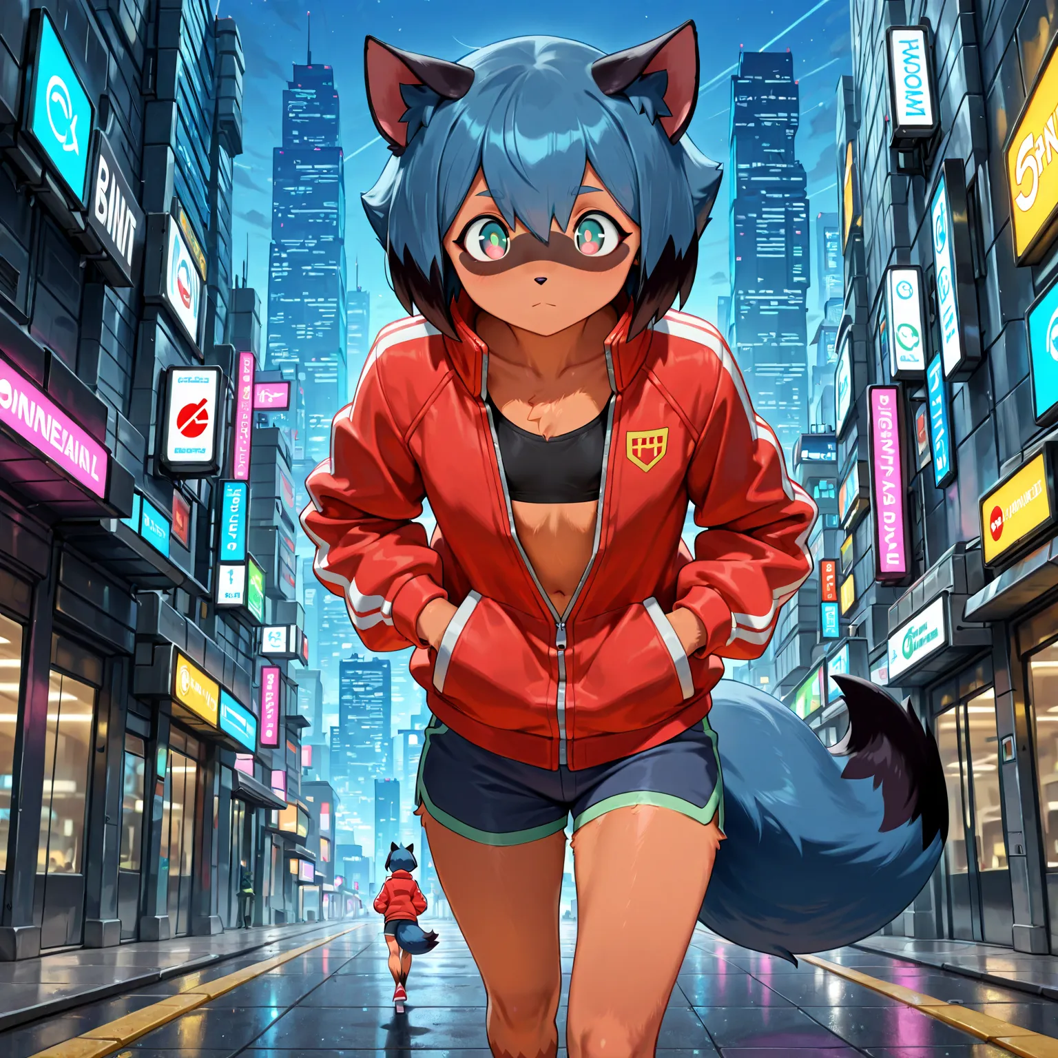 masterpiece, best quality, anthro, solo, alone, Michiru Kagemori from brand new animal, colored eyes, animal ears, tail, small chest size, walking, hands in red jacket pocket, walking, outdoors in a futuristic city,  nighttime  