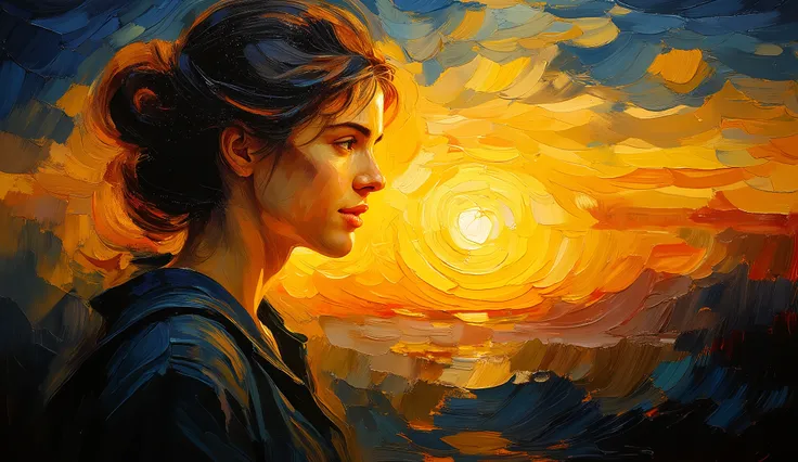 An oil painting inspired by John Singer Sargent, delicate brushstrokes capturing a luminous sunrise breaking through dark clouds, casting golden highlights on a woman’s gentle smile, deep rich colors, warm glowing light, uplifting mood --v 5 --stylize 1000